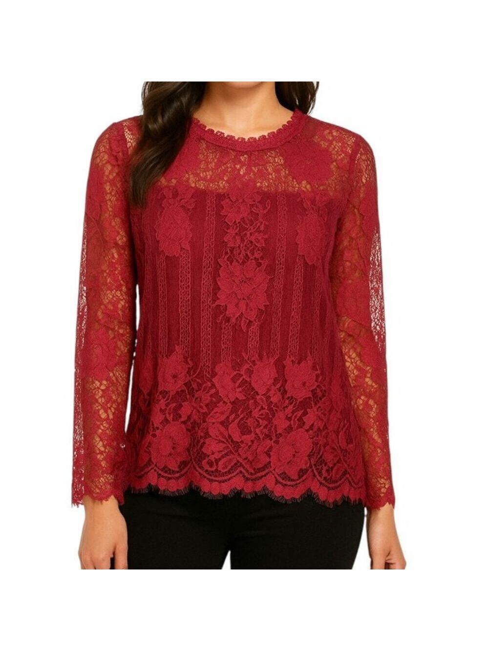 NWT Soho New York & Company Burgundy Lace Top With‎ Scalloped Hem XS